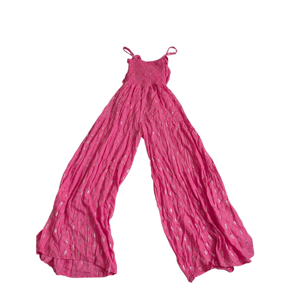 Beach Bunny Pink Metallic Shimmer‎ Wide Leg Tiered Jumpsuit Womens Small Boho - Picture 6 of 11